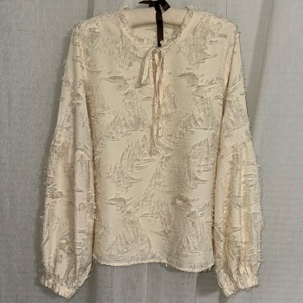 XL Ivory Cream Feather Fringe Ruffle Neck Front Tie Long Balloon Sleeve Blouse